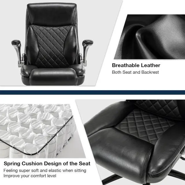 Alt view image 7 of 7 - Ergonomic Big and Tall Office Chair with 3D Lumbar Support for Back Pain Executive Desk Chair Flip-up Armrests, High Back, Thick Padded Strong Metal Base Quiet Wheels Home Office Desk Chairs