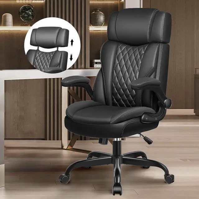 Main image of Office Chair Flip Up Arms, Executive Leather Office Chair Ergonomic Desk Chair with Lumbar Support, Adjustable Headrest, Computer Chair Home Office Desk Chair with Rocking Function