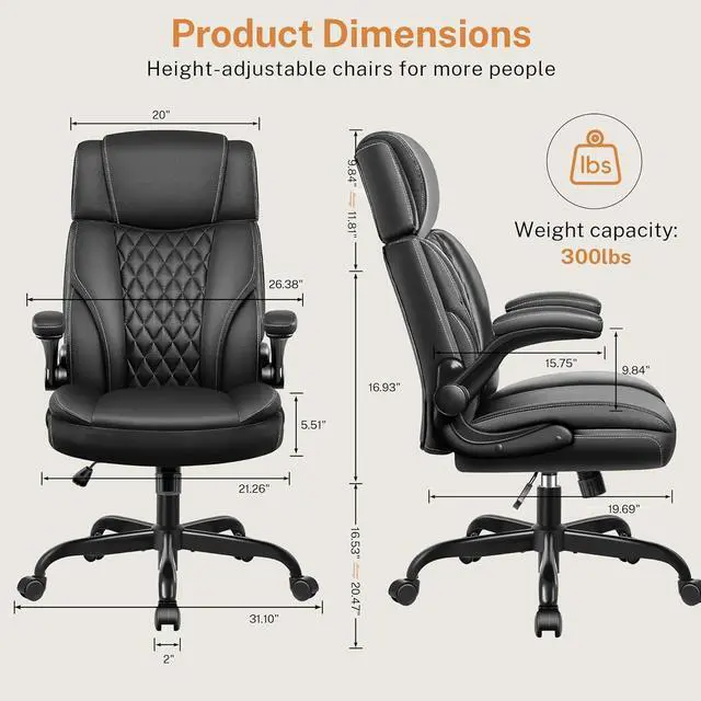 Alt view image 2 of 7 - Office Chair Flip Up Arms, Executive Leather Office Chair Ergonomic Desk Chair with Lumbar Support, Adjustable Headrest, Computer Chair Home Office Desk Chair with Rocking Function