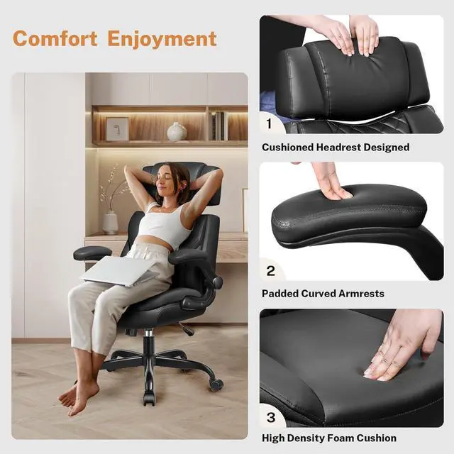 Alt view image 3 of 7 - Office Chair Flip Up Arms, Executive Leather Office Chair Ergonomic Desk Chair with Lumbar Support, Adjustable Headrest, Computer Chair Home Office Desk Chair with Rocking Function