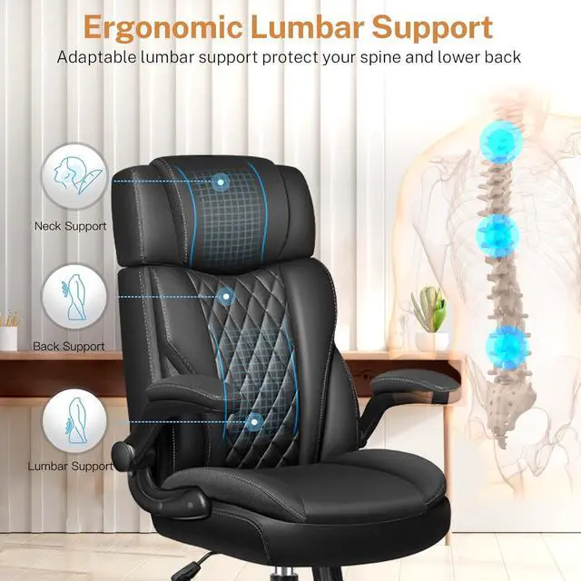 Alt view image 4 of 7 - Office Chair Flip Up Arms, Executive Leather Office Chair Ergonomic Desk Chair with Lumbar Support, Adjustable Headrest, Computer Chair Home Office Desk Chair with Rocking Function