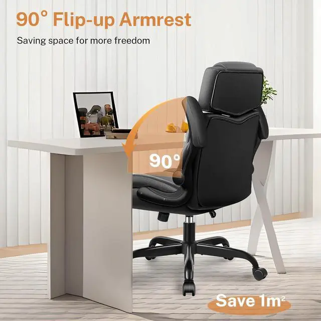 Alt view image 7 of 7 - Office Chair Flip Up Arms, Executive Leather Office Chair Ergonomic Desk Chair with Lumbar Support, Adjustable Headrest, Computer Chair Home Office Desk Chair with Rocking Function