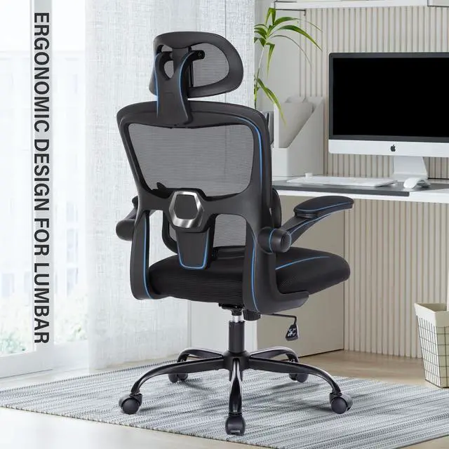 Alt view image 2 of 7 - Ergonomic Mesh Office Chair with Lumbar Support- Adjustable High Back Desk Chair with Flip-up Arms- Comfy Home Office Computer Chair Task Swivel Rolling Chairs