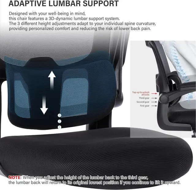 Alt view image 4 of 7 - Ergonomic Mesh Office Chair with Lumbar Support- Adjustable High Back Desk Chair with Flip-up Arms- Comfy Home Office Computer Chair Task Swivel Rolling Chairs