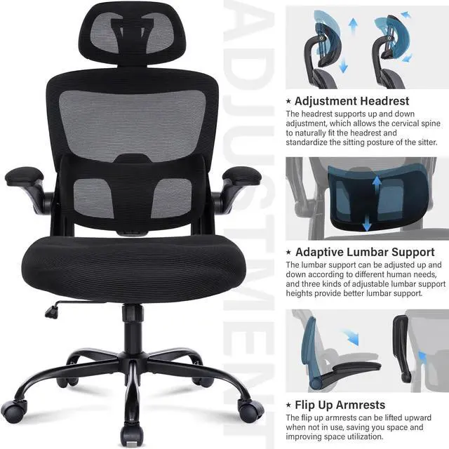 Alt view image 5 of 7 - Ergonomic Mesh Office Chair with Lumbar Support- Adjustable High Back Desk Chair with Flip-up Arms- Comfy Home Office Computer Chair Task Swivel Rolling Chairs