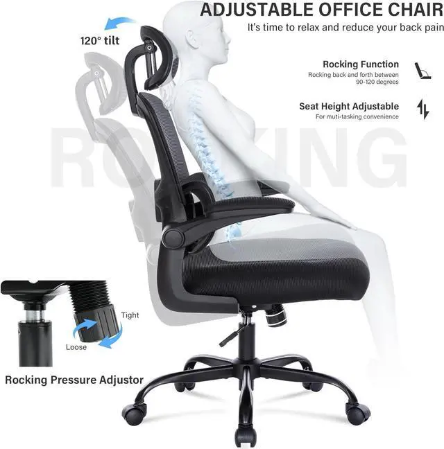 Alt view image 6 of 7 - Ergonomic Mesh Office Chair with Lumbar Support- Adjustable High Back Desk Chair with Flip-up Arms- Comfy Home Office Computer Chair Task Swivel Rolling Chairs