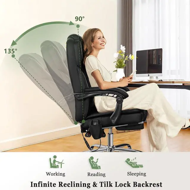 Alt view image 4 of 7 - Ergonomic Office Chair with Heat and Massage, Massage Office Chair with Footrest, Wheels, Lumbar Support, Big and Tall Reclining Home Office Chair