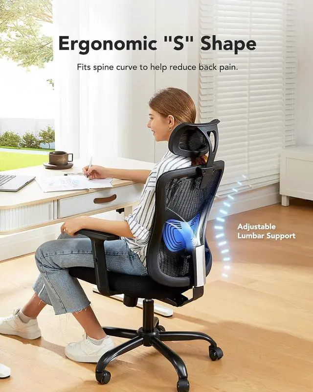 Alt view image 2 of 7 - HUANUO Ergonomic Office Chair, High Back Desk Chair with S-Shaped Backrest, Adjustable Lumbar Support, Headrest, Armrest, Mesh Computer Chair with Thicker Seat Cushion and Tilt Function, Black