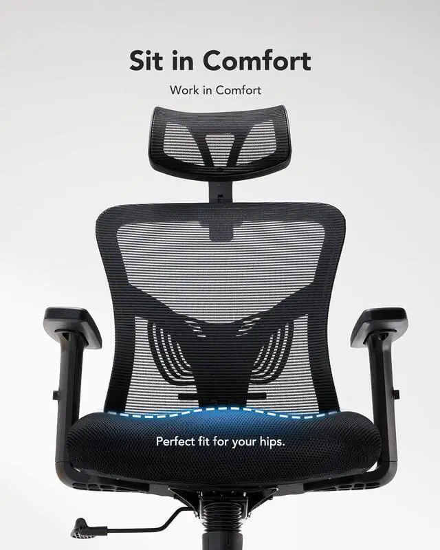 Alt view image 3 of 7 - HUANUO Ergonomic Office Chair, High Back Desk Chair with S-Shaped Backrest, Adjustable Lumbar Support, Headrest, Armrest, Mesh Computer Chair with Thicker Seat Cushion and Tilt Function, Black