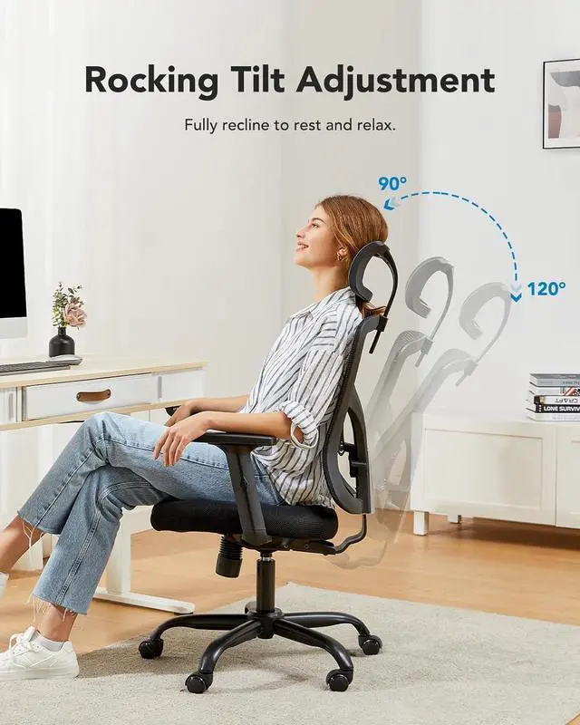 Alt view image 4 of 7 - HUANUO Ergonomic Office Chair, High Back Desk Chair with S-Shaped Backrest, Adjustable Lumbar Support, Headrest, Armrest, Mesh Computer Chair with Thicker Seat Cushion and Tilt Function, Black