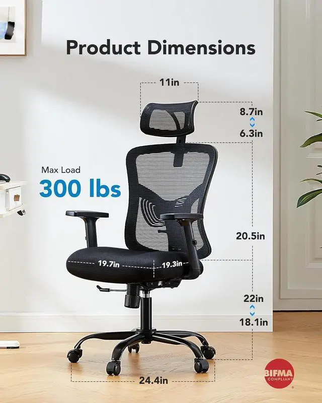 Alt view image 6 of 7 - HUANUO Ergonomic Office Chair, High Back Desk Chair with S-Shaped Backrest, Adjustable Lumbar Support, Headrest, Armrest, Mesh Computer Chair with Thicker Seat Cushion and Tilt Function, Black