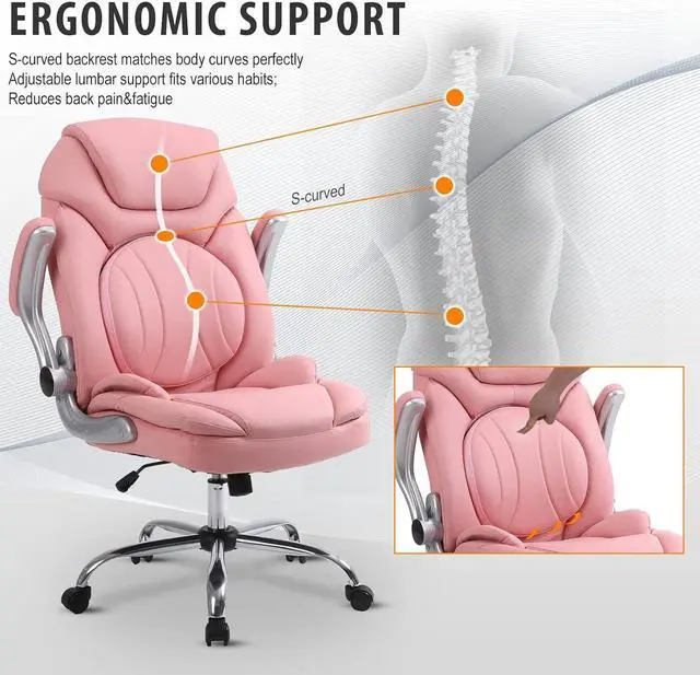 Alt view image 2 of 7 - Ergonomic Executive Office Chairs with Adjustable Lumbar Support, 90-120° Rocking Managerial Chair Swivel Desk Chairs with Padded Flip-up Armrests (Pink), Medium(300lbs)