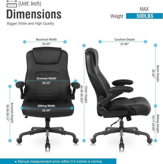 Alt view image 2 of 6 - Executive Ergonomic Office Chair - Big and Tall Office Chair for Heavy People, PU Leather Computer Desk Chair with Flip-up Armrest, Comfortable Wide High Back PC Work Chair
