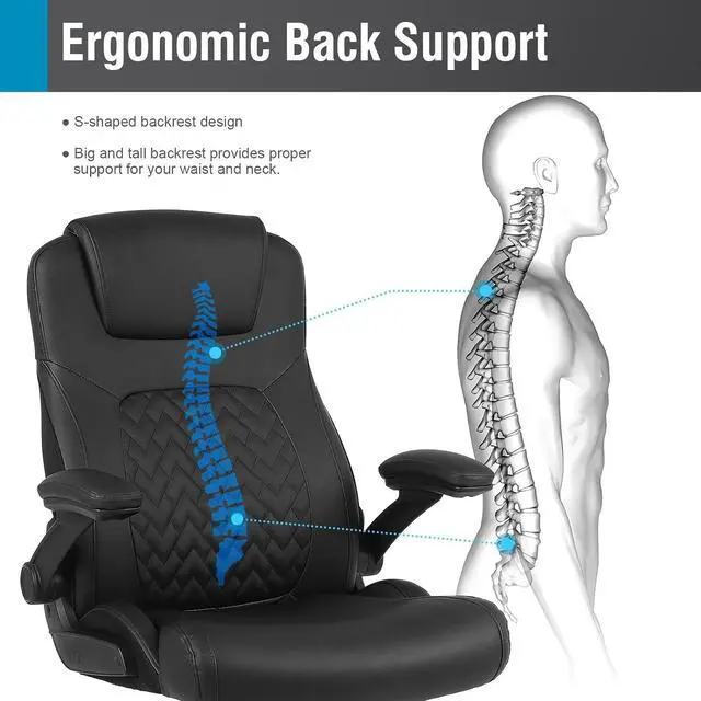 Alt view image 4 of 6 - Executive Ergonomic Office Chair - Big and Tall Office Chair for Heavy People, PU Leather Computer Desk Chair with Flip-up Armrest, Comfortable Wide High Back PC Work Chair