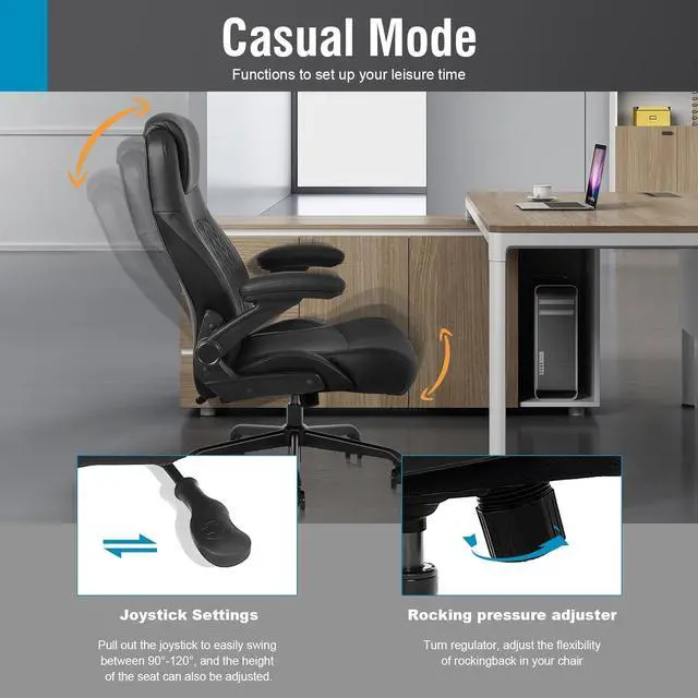 Alt view image 6 of 6 - Executive Ergonomic Office Chair - Big and Tall Office Chair for Heavy People, PU Leather Computer Desk Chair with Flip-up Armrest, Comfortable Wide High Back PC Work Chair