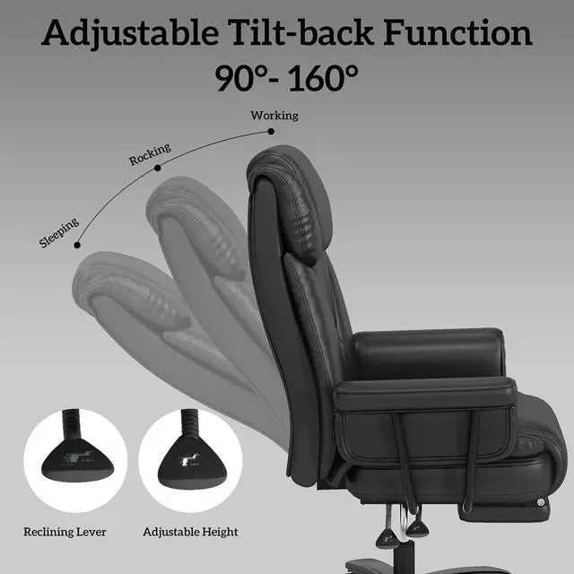 Alt view image 4 of 7 - Big and Tall Office Chair 400LBS with Wide Seat and Arms, 160° Reclining Office Chair with Footrest, Comfortable Executive Office Desk Chair High Back, Computer Chair Home Office