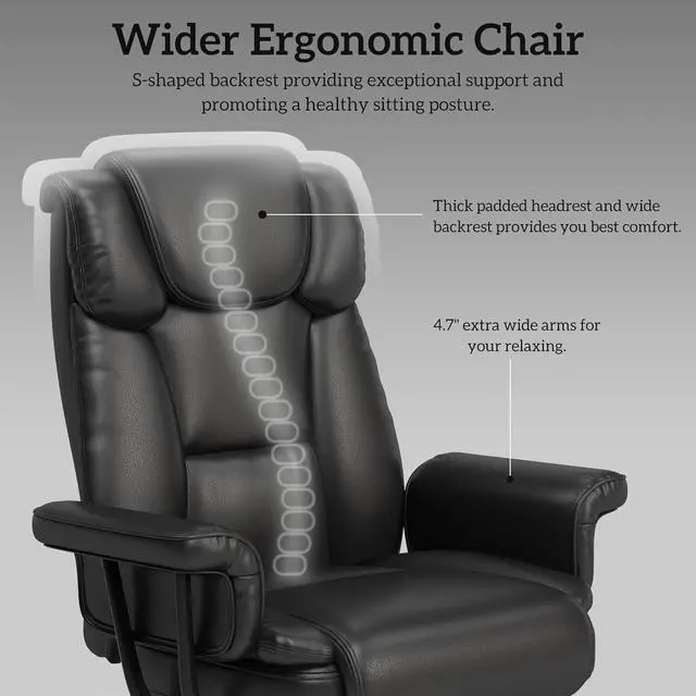 Alt view image 5 of 7 - Big and Tall Office Chair 400LBS with Wide Seat and Arms, 160° Reclining Office Chair with Footrest, Comfortable Executive Office Desk Chair High Back, Computer Chair Home Office