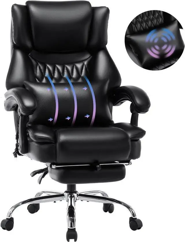 Main image of High Back Massage Reclining Office Chair with Footrest - Executive Computer Home Desk Massaging Lumbar Cushion , Adjustable Angle , Breathable Thick Padding for Comfort (Black)