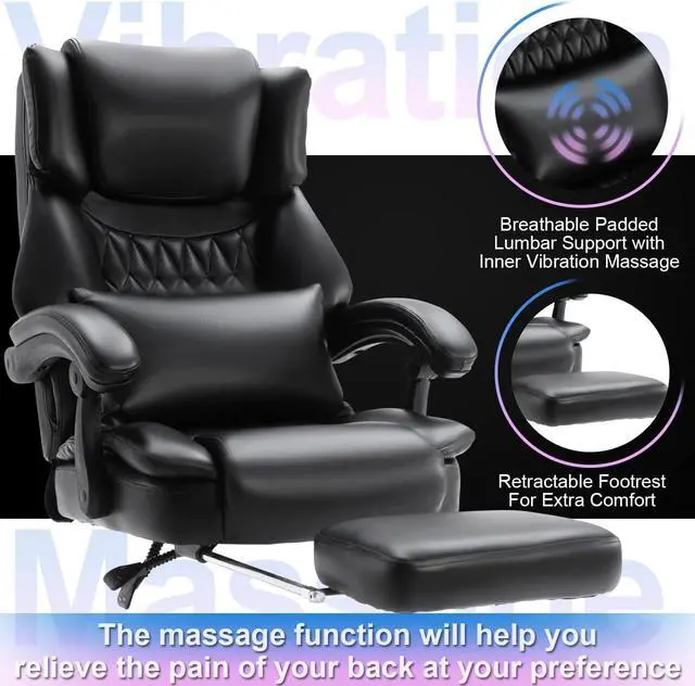 Alt view image 3 of 7 - High Back Massage Reclining Office Chair with Footrest - Executive Computer Home Desk Massaging Lumbar Cushion , Adjustable Angle , Breathable Thick Padding for Comfort (Black)