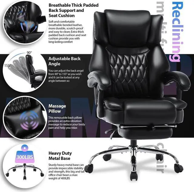Alt view image 4 of 7 - High Back Massage Reclining Office Chair with Footrest - Executive Computer Home Desk Massaging Lumbar Cushion , Adjustable Angle , Breathable Thick Padding for Comfort (Black)