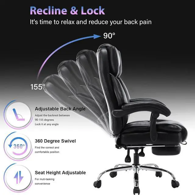Alt view image 5 of 7 - High Back Massage Reclining Office Chair with Footrest - Executive Computer Home Desk Massaging Lumbar Cushion , Adjustable Angle , Breathable Thick Padding for Comfort (Black)