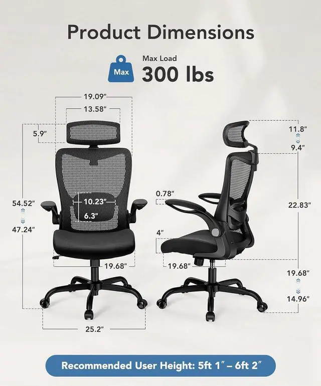 Alt view image 2 of 7 - HUANUO Ergonomic Office Chair, High Back Desk Chair with Adjustable Lumbar Support & Headrest, Home Office Swivel Mesh Computer Chair Flip-Up Armrests, Executive Office Chair with Wheels
