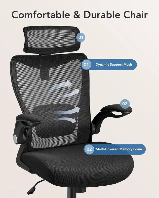 Alt view image 5 of 7 - HUANUO Ergonomic Office Chair, High Back Desk Chair with Adjustable Lumbar Support & Headrest, Home Office Swivel Mesh Computer Chair Flip-Up Armrests, Executive Office Chair with Wheels