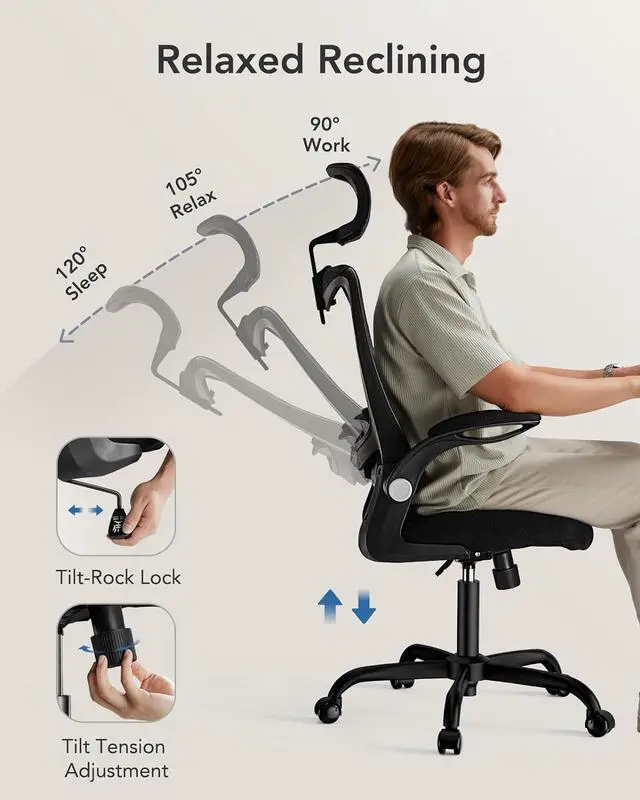 Alt view image 6 of 7 - HUANUO Ergonomic Office Chair, High Back Desk Chair with Adjustable Lumbar Support & Headrest, Home Office Swivel Mesh Computer Chair Flip-Up Armrests, Executive Office Chair with Wheels