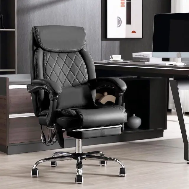 Alt view image 2 of 7 - Executive Massage Office Chair with Heated,45°Reclining Ergonomic Office Chair with Footrest,High Back Computer Desk Chair with Wheels,Diamond-Stitched Cushion Leather Office Chair (Black)