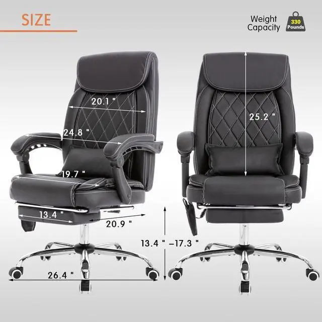 Alt view image 3 of 7 - Executive Massage Office Chair with Heated,45°Reclining Ergonomic Office Chair with Footrest,High Back Computer Desk Chair with Wheels,Diamond-Stitched Cushion Leather Office Chair (Black)