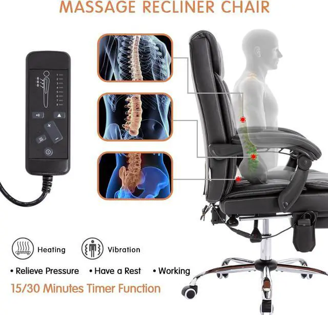 Alt view image 4 of 7 - Executive Massage Office Chair with Heated,45°Reclining Ergonomic Office Chair with Footrest,High Back Computer Desk Chair with Wheels,Diamond-Stitched Cushion Leather Office Chair (Black)