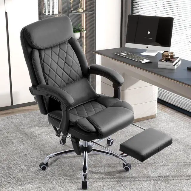 Alt view image 6 of 7 - Executive Massage Office Chair with Heated,45°Reclining Ergonomic Office Chair with Footrest,High Back Computer Desk Chair with Wheels,Diamond-Stitched Cushion Leather Office Chair (Black)