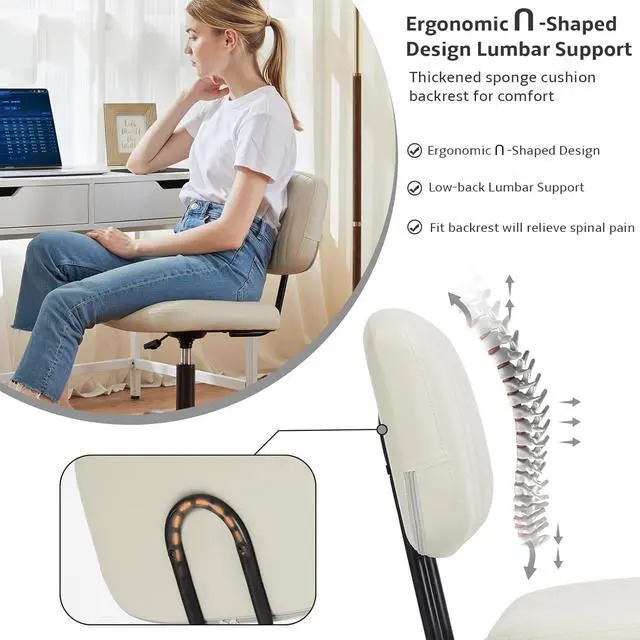 Alt view image 3 of 7 - Small Office Computer Desk Chair with Wheels and Lumbar Support, Comfy Cute Armlees PU Leather Vanity Rolling Swuvel Task Chair No Arm for Adult, Student