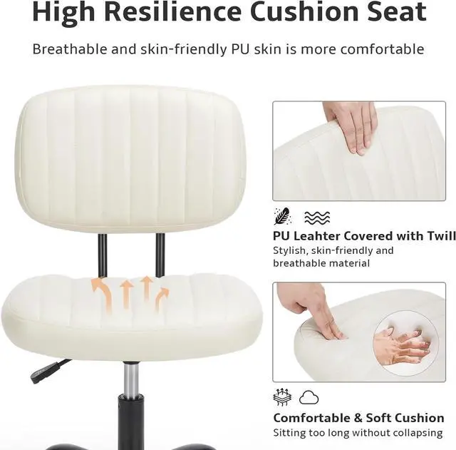 Alt view image 4 of 7 - Small Office Computer Desk Chair with Wheels and Lumbar Support, Comfy Cute Armlees PU Leather Vanity Rolling Swuvel Task Chair No Arm for Adult, Student