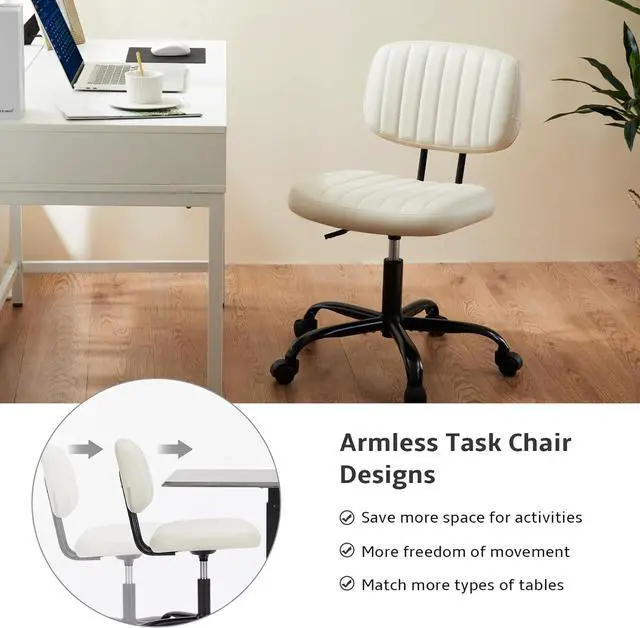 Alt view image 5 of 7 - Small Office Computer Desk Chair with Wheels and Lumbar Support, Comfy Cute Armlees PU Leather Vanity Rolling Swuvel Task Chair No Arm for Adult, Student