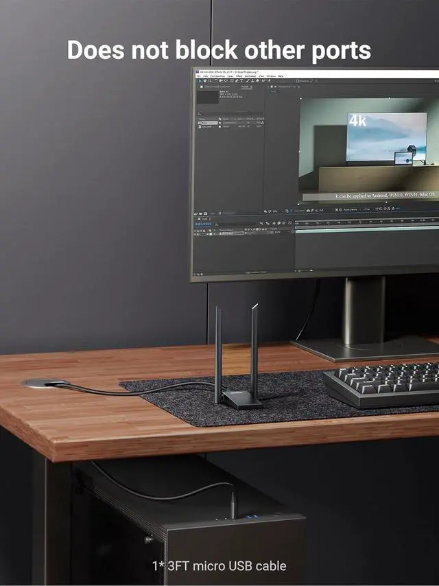 Alt view image 5 of 7 - UGREEN WiFi Adapter, AX1800 WiFi 6 Adapter for Desktop PC with Dual 5dBi High Gain Antennas, 5G/2.4G Dual Band, WAP3-SAE, 3FT USB 3.0 to Micro USB 3.0 Cable, WiFi Dongle Supports Windows 10/11