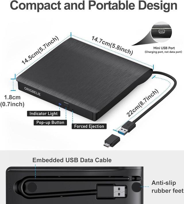 Alt view image 6 of 7 - External CD/DVD Drive for Laptop, USB 3.0 CD Burner External DVD Drive Portable DVD Player for Laptop Desktop PC Apple Mac Windows 11/10/8/7/XP Linux OS with Carrying Case