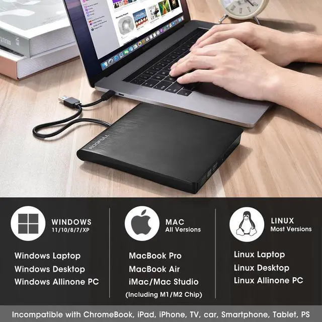 Alt view image 3 of 6 - External CD DVD +/-RW Drive USB 3.0 & USB-C Portable CD/DVD ROM Player Burner Reader Writer Rewriter Optical Disc Drive for Laptop Desktop PC, Windows 11/10/8/7, Apple Mac, Linux OS