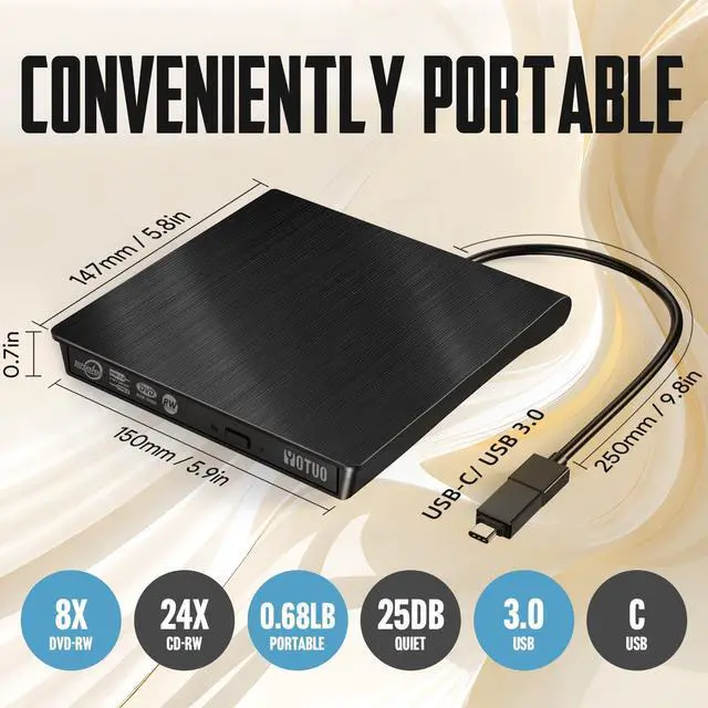 Alt view image 5 of 7 - External DVD Drive, Portable USB 3.0 CD +/-RW Drive DVD Player for ROM Rewriter Burner for Laptop Desktop, Compatible with Windows 7/8/10/11 Mac MacBook Pro/Air