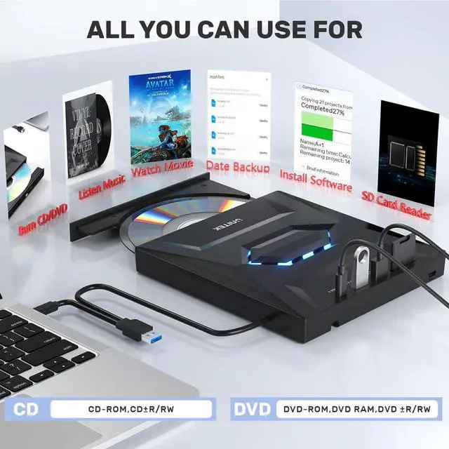 Alt view image 4 of 7 - Unitek External CD DVD Drive, USB C Portable CD/DVD +/-RW Drive/DVD Player with SD Card Reader USB 3.0 USB C Hub CD ROM Burner Compatible with Laptop Desktop PC Windows Linux OS Apple Mac