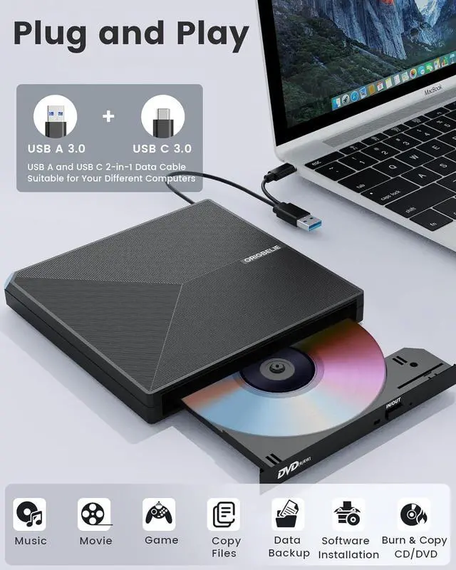 Alt view image 2 of 7 - External CD DVD +/-RW Drive USB 3.0 USB C Portable CD/DVD Player Burner Reader Writer Optical CD ROM Disk Drive for Laptop Desktop PC Mac MacBook Pro/Air Windows Linux OS with Carrying Case