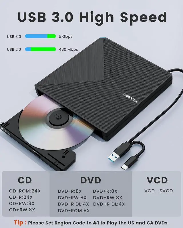 Alt view image 3 of 7 - External CD DVD +/-RW Drive USB 3.0 USB C Portable CD/DVD Player Burner Reader Writer Optical CD ROM Disk Drive for Laptop Desktop PC Mac MacBook Pro/Air Windows Linux OS with Carrying Case