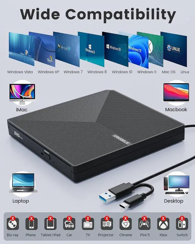 Alt view image 4 of 7 - External CD DVD +/-RW Drive USB 3.0 USB C Portable CD/DVD Player Burner Reader Writer Optical CD ROM Disk Drive for Laptop Desktop PC Mac MacBook Pro/Air Windows Linux OS with Carrying Case