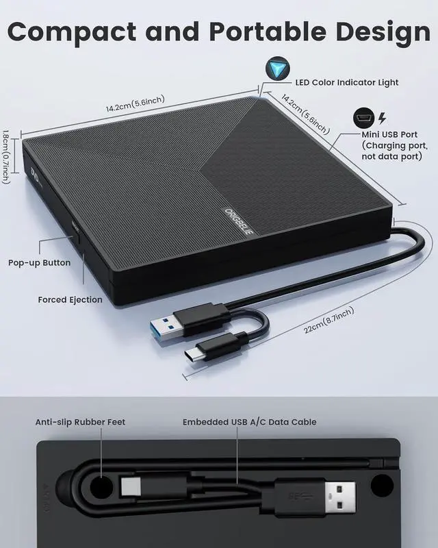 Alt view image 6 of 7 - External CD DVD +/-RW Drive USB 3.0 USB C Portable CD/DVD Player Burner Reader Writer Optical CD ROM Disk Drive for Laptop Desktop PC Mac MacBook Pro/Air Windows Linux OS with Carrying Case