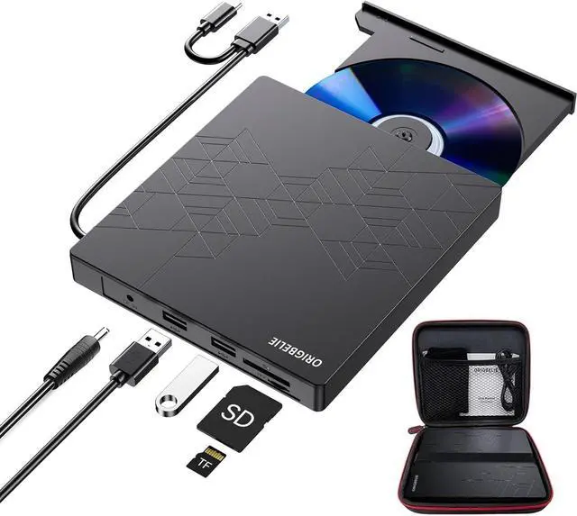 Main image of External CD DVD Drive, CD Burner USB 3.0 with 2 USB Ports and 2 TF/SD Card Slots, Optical Disk Drive for Laptop Mac, PC Windows 11/10/8/7 Linux OS with Carrying Case