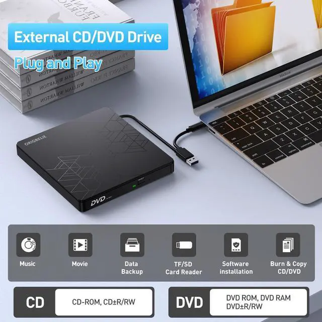 Alt view image 2 of 7 - External DVD Drive, CD Drive USB 3.0 Typle C CD/DVD ROM +/-RW Adapter with USB Port DVD Burner for Laptop PC Desktop Computer, Optical Disk Drive CD Player Compatible with Mac Windows Linux