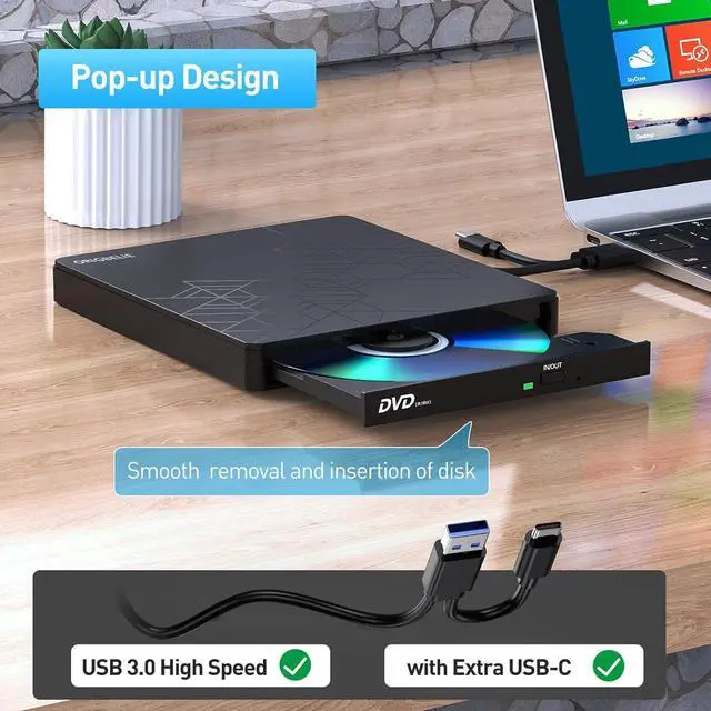Alt view image 3 of 7 - External DVD Drive, CD Drive USB 3.0 Typle C CD/DVD ROM +/-RW Adapter with USB Port DVD Burner for Laptop PC Desktop Computer, Optical Disk Drive CD Player Compatible with Mac Windows Linux