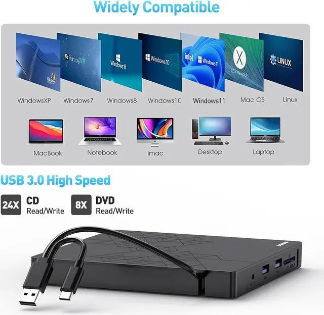 Alt view image 5 of 7 - External DVD Drive, CD Drive USB 3.0 Typle C CD/DVD ROM +/-RW Adapter with USB Port DVD Burner for Laptop PC Desktop Computer, Optical Disk Drive CD Player Compatible with Mac Windows Linux