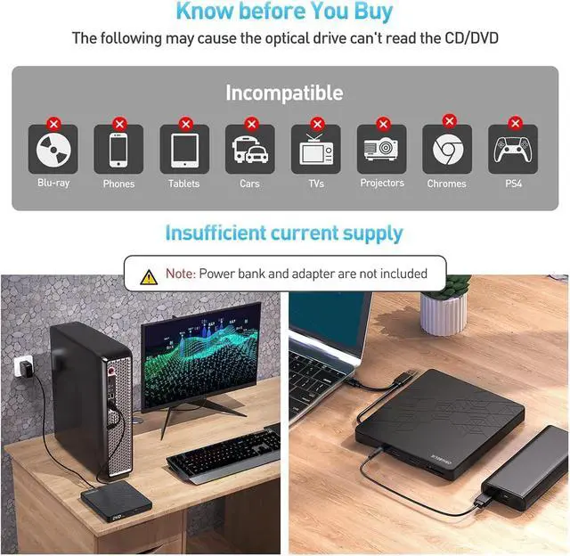 Alt view image 7 of 7 - External DVD Drive, CD Drive USB 3.0 Typle C CD/DVD ROM +/-RW Adapter with USB Port DVD Burner for Laptop PC Desktop Computer, Optical Disk Drive CD Player Compatible with Mac Windows Linux