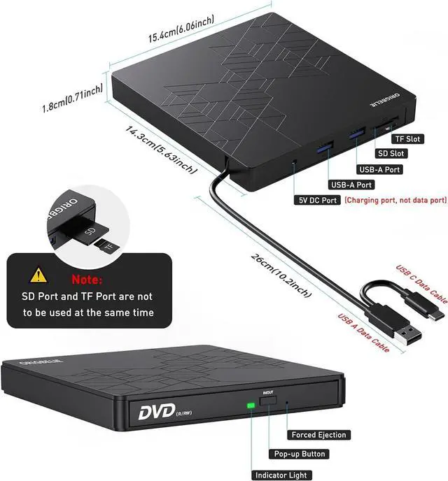 Alt view image 6 of 7 - External DVD Drive, CD Drive USB 3.0 Typle C CD/DVD ROM +/-RW Adapter with USB Port DVD Burner for Laptop PC Desktop Computer, Optical Disk Drive CD Player Compatible with Mac Windows Linux
